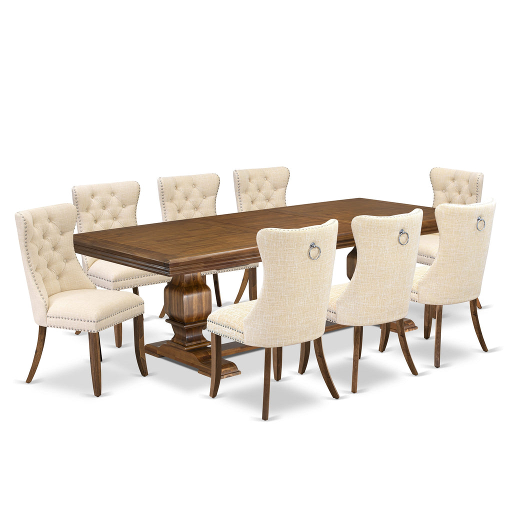 Luxe by East West Furniture NKDA9-AWA-32 9 Pieces Dining Table Set Includes a Rectangle Table and 8 Light Beige Linen fabric Dining Chairs, Antique Walnut