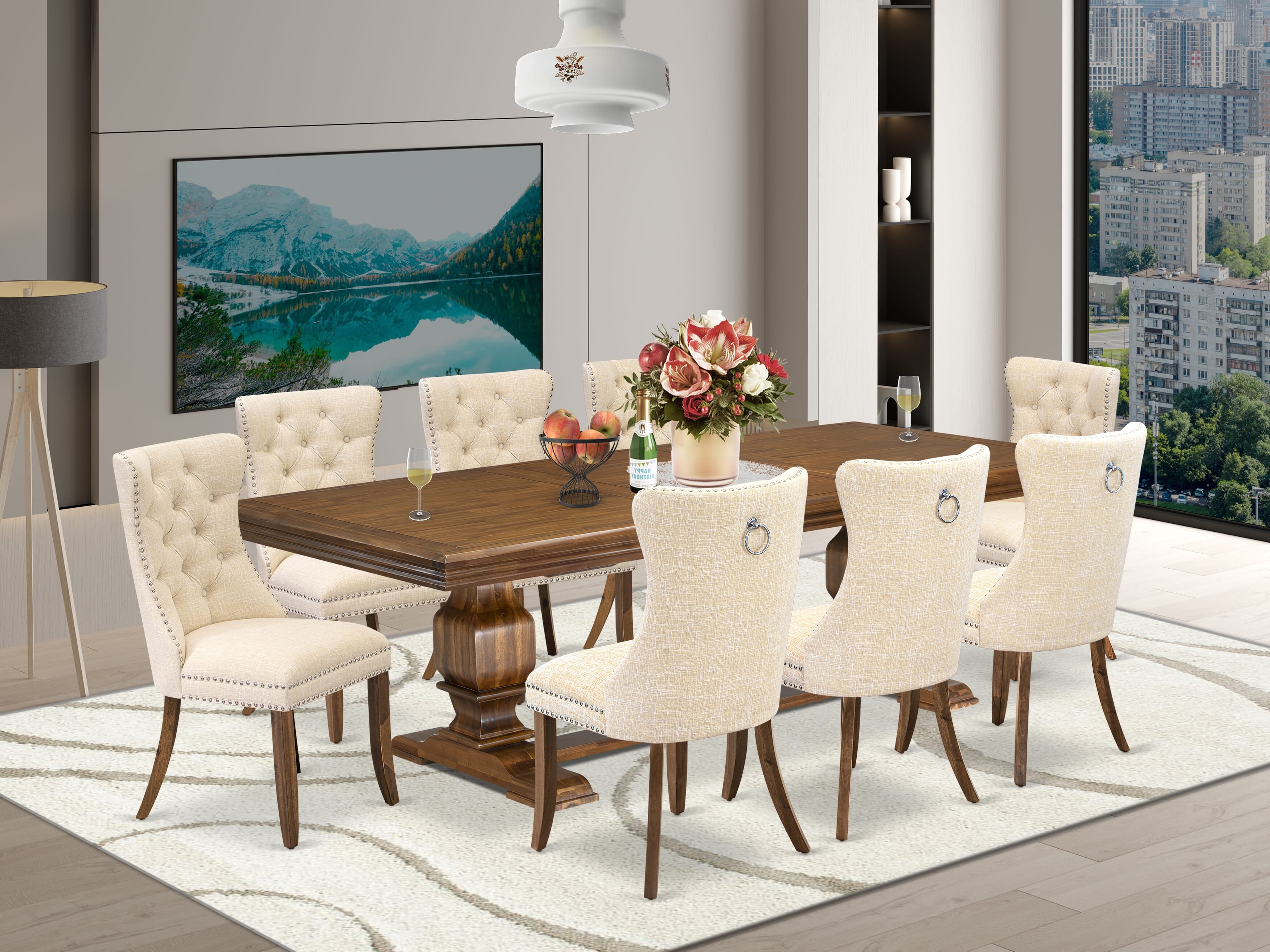 Luxe by East West Furniture NKDA9-AWA-32 9 Pieces Dining Table Set Includes a Rectangle Table and 8 Light Beige Linen fabric Dining Chairs, Antique Walnut