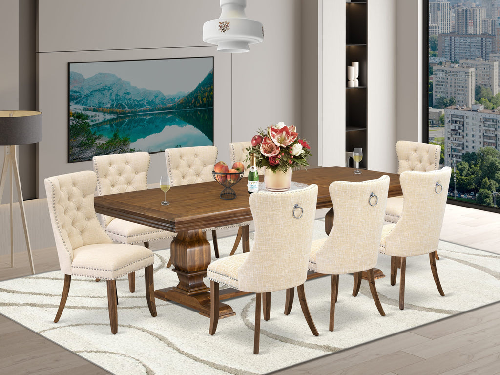 Luxe by East West Furniture NKDA9-AWA-32 9 Pieces Dining Table Set Includes a Rectangle Table and 8 Light Beige Linen fabric Dining Chairs, Antique Walnut