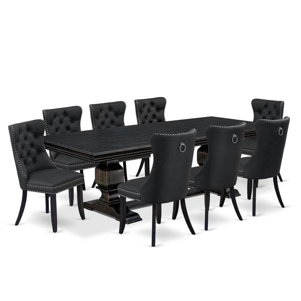 Luxe by East West Furniture NKDA9-SBB-12 9 Pieces Dining Table Set Includes a Rectangle Table and 8 Dark Gray Faux Leather Dining Chairs, Sand Blasting Black