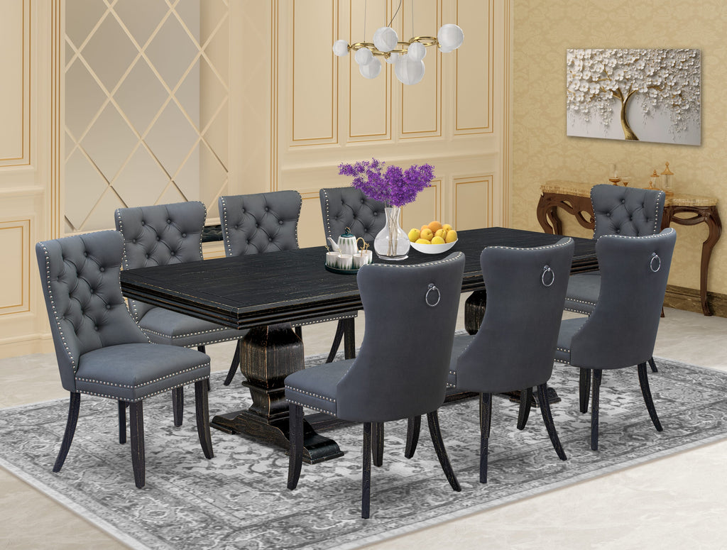 Luxe by East West Furniture NKDA9-SBB-13 9 Pieces Dining Table Set Includes a Rectangle Table and 8 Platinum Gray Faux Leather Dining Chairs, Sand Blasting Black