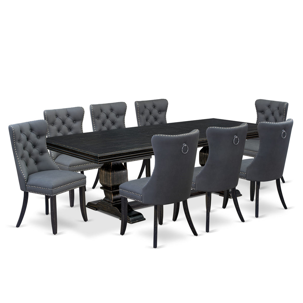 Luxe by East West Furniture NKDA9-SBB-13 9 Pieces Dining Table Set Includes a Rectangle Table and 8 Platinum Gray Faux Leather Dining Chairs, Sand Blasting Black