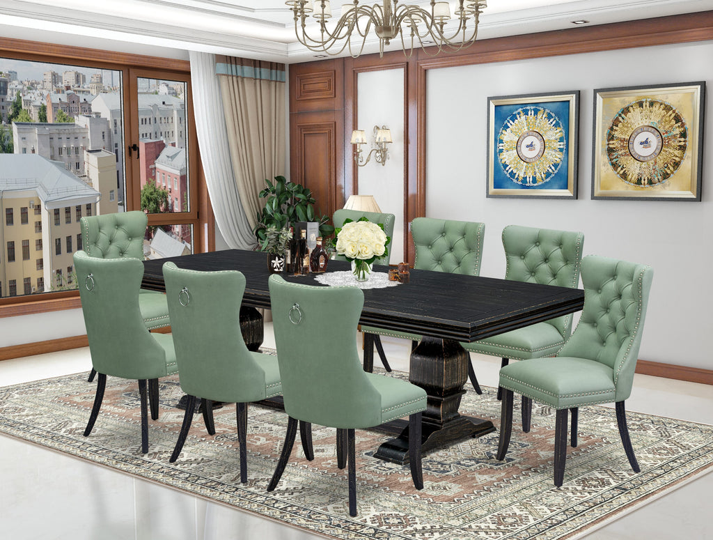 Luxe by East West Furniture NKDA9-SBB-22 9 Pieces Dining Table Set Includes a Rectangle Table and 8 Willow Green Faux Leather Dining Chairs, Sand Blasting Black
