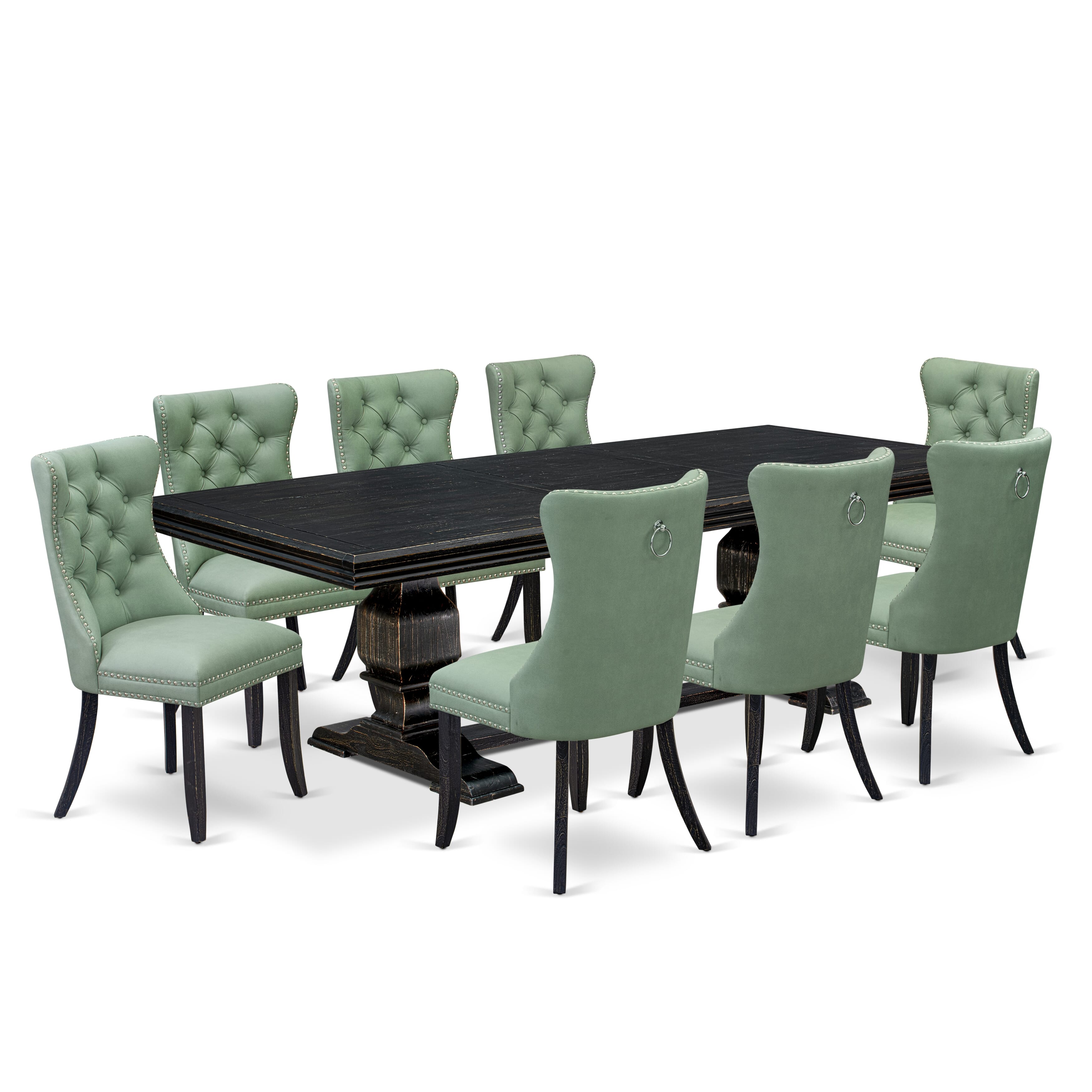 Luxe by East West Furniture NKDA9-SBB-22 9 Pieces Dining Table Set Includes a Rectangle Table and 8 Willow Green Faux Leather Dining Chairs, Sand Blasting Black