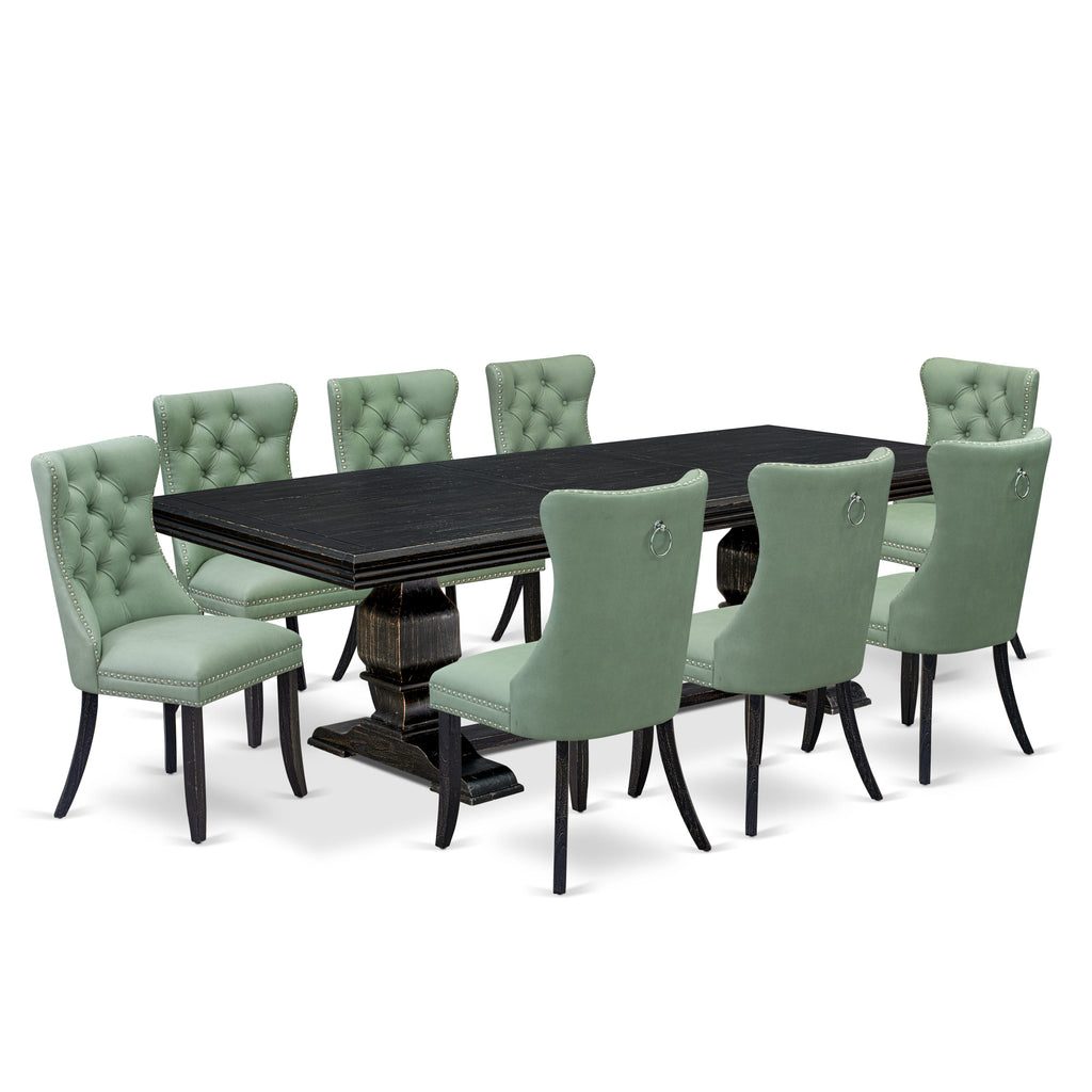 Luxe by East West Furniture NKDA9-SBB-22 9 Pieces Dining Table Set Includes a Rectangle Table and 8 Willow Green Faux Leather Dining Chairs, Sand Blasting Black