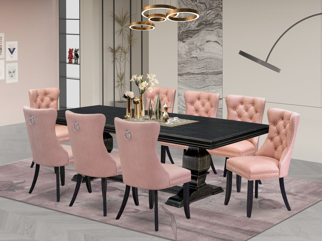Luxe by East West Furniture NKDA9-SBB-23 9 Pieces Dining Table Set Includes a Rectangle Table and 8 Beige Red Faux Leather Dining Chairs, Sand Blasting Black