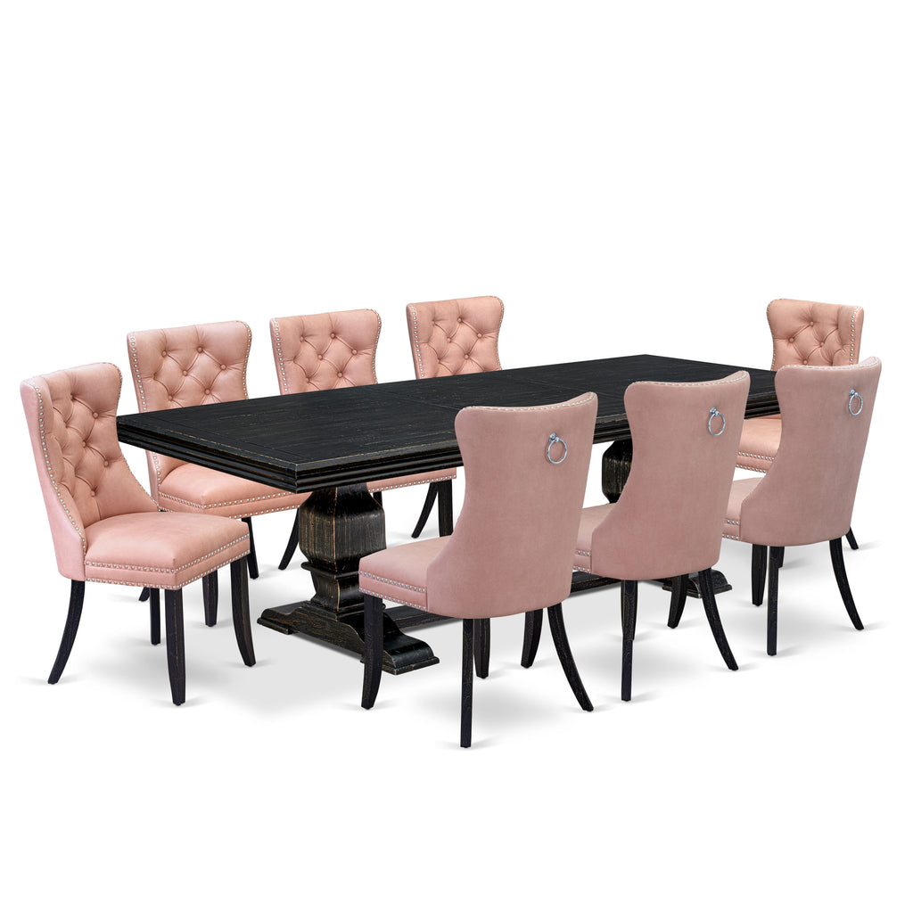 Luxe by East West Furniture NKDA9-SBB-23 9 Pieces Dining Table Set Includes a Rectangle Table and 8 Beige Red Faux Leather Dining Chairs, Sand Blasting Black