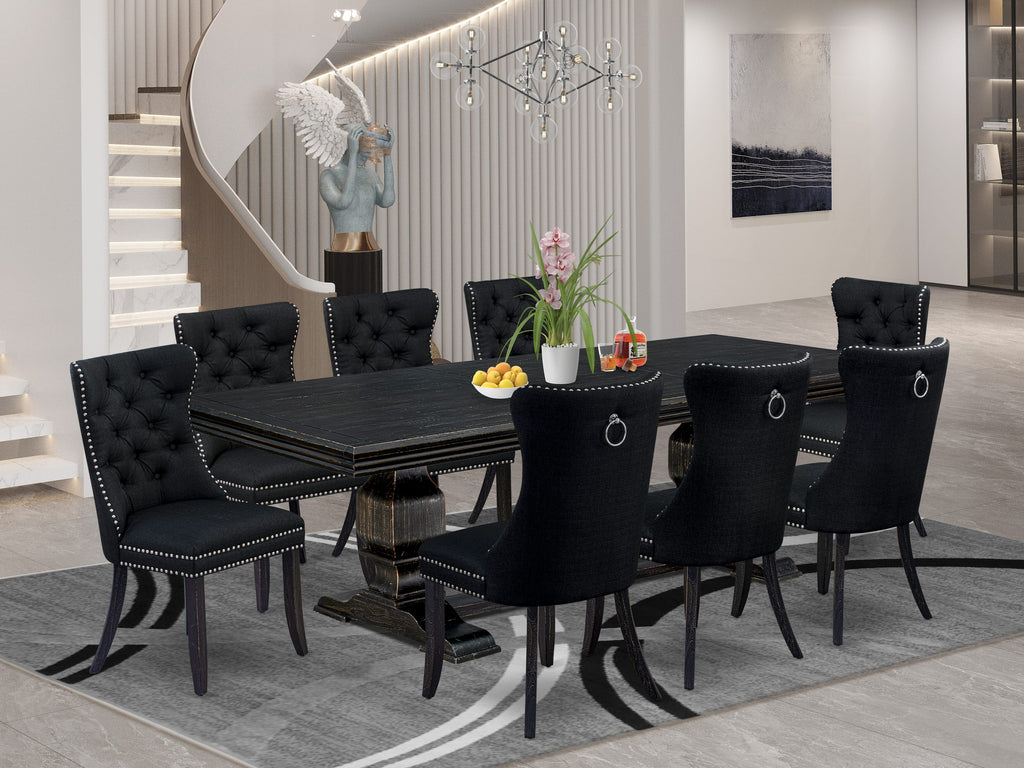 Luxe by East West Furniture NKDA9-SBB-24 - 9-piece dining room set consists of a rectangular table and 8 Black Linen Fabric dining chairs with Button Tufted Chair Back - Sand Blasting Black Finish.