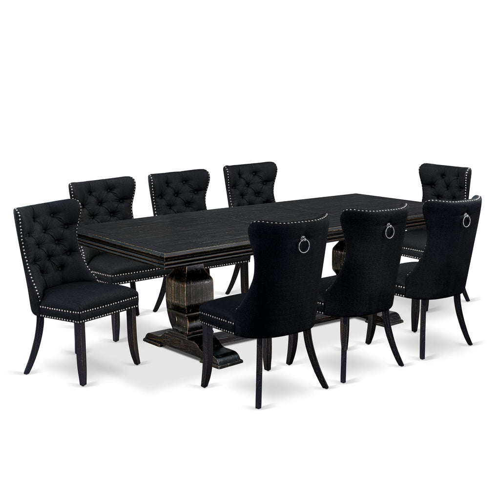Luxe by East West Furniture NKDA9-SBB-24 - 9-piece dining room set consists of a rectangular table and 8 Black Linen Fabric dining chairs with Button Tufted Chair Back - Sand Blasting Black Finish.