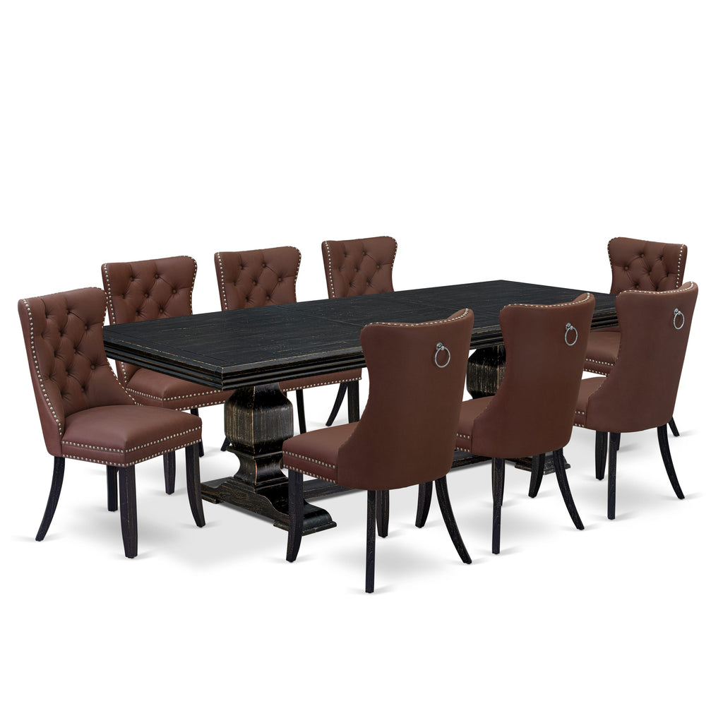 Luxe by East West Furniture NKDA9-SBB-26 - 9-piece dining room set includes a dining table and 8 Burgundy Faux Leather dining Chairs with Button Tufted Chair Back - Sand Blasting Black Finish