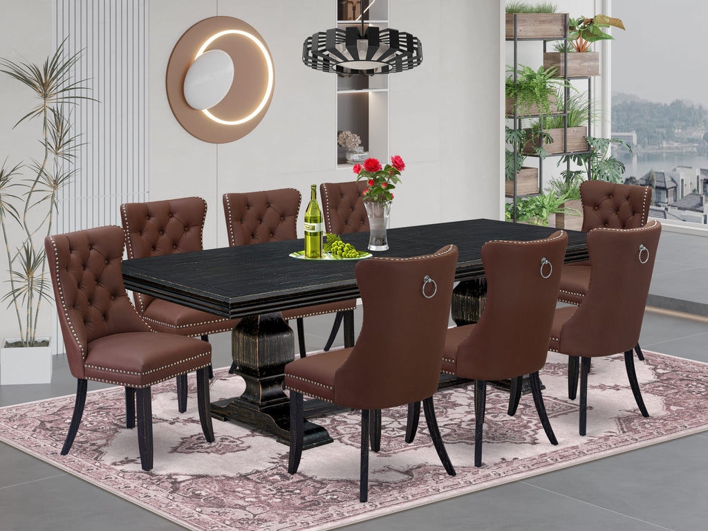 Luxe by East West Furniture NKDA9-SBB-26 - 9-piece dining room set includes a dining table and 8 Burgundy Faux Leather dining Chairs with Button Tufted Chair Back - Sand Blasting Black Finish