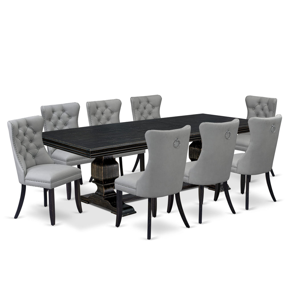 Luxe by East West Furniture NKDA9-SBB-27 - 9-piece mid-century kitchen set includes a wooden table and 8 Light Gray Faux Leather kitchen Chairs with Button Tufted Chair Back - Sand Blasting Black Finish.