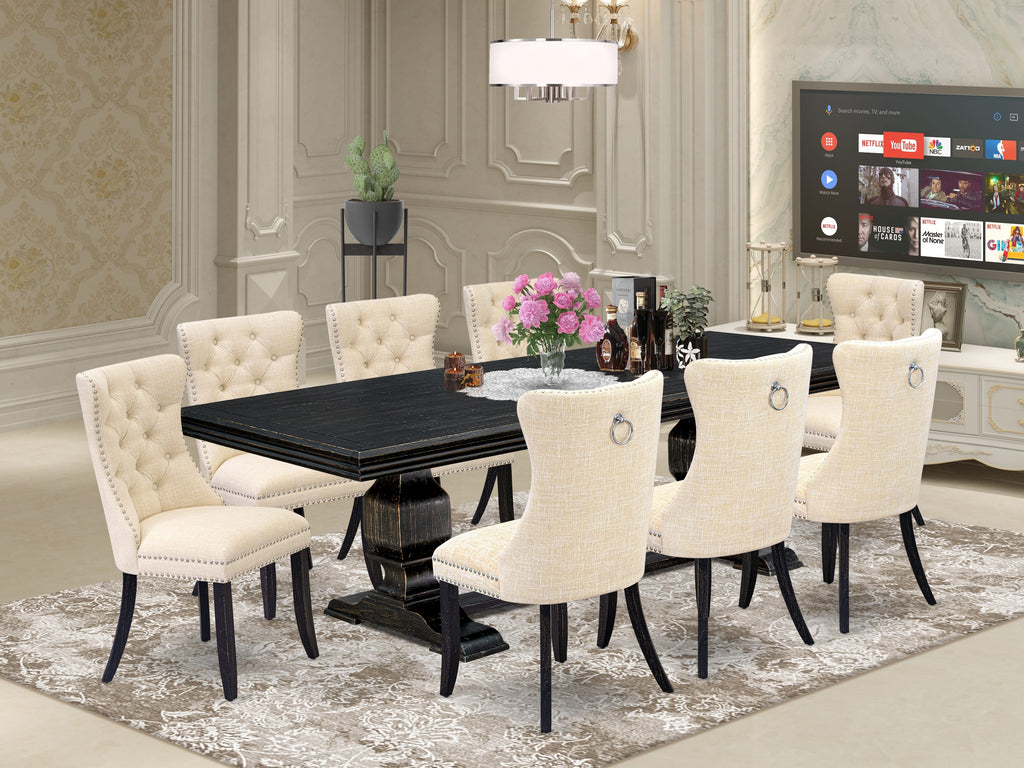 Luxe by East West Furniture NKDA9-SBB-32 - 9-piece dining set consists of a wooden table and 8 Light Beige Linen Fabric dining chairs with Button Tufted Chair Back - Sand Blasting Black Finish.