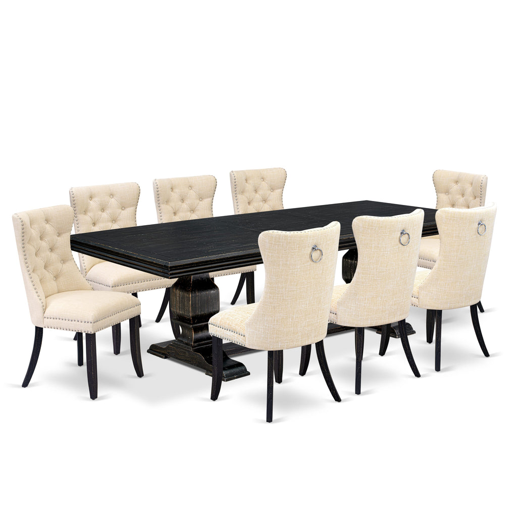 Luxe by East West Furniture NKDA9-SBB-32 - 9-piece dining set consists of a wooden table and 8 Light Beige Linen Fabric dining chairs with Button Tufted Chair Back - Sand Blasting Black Finish.
