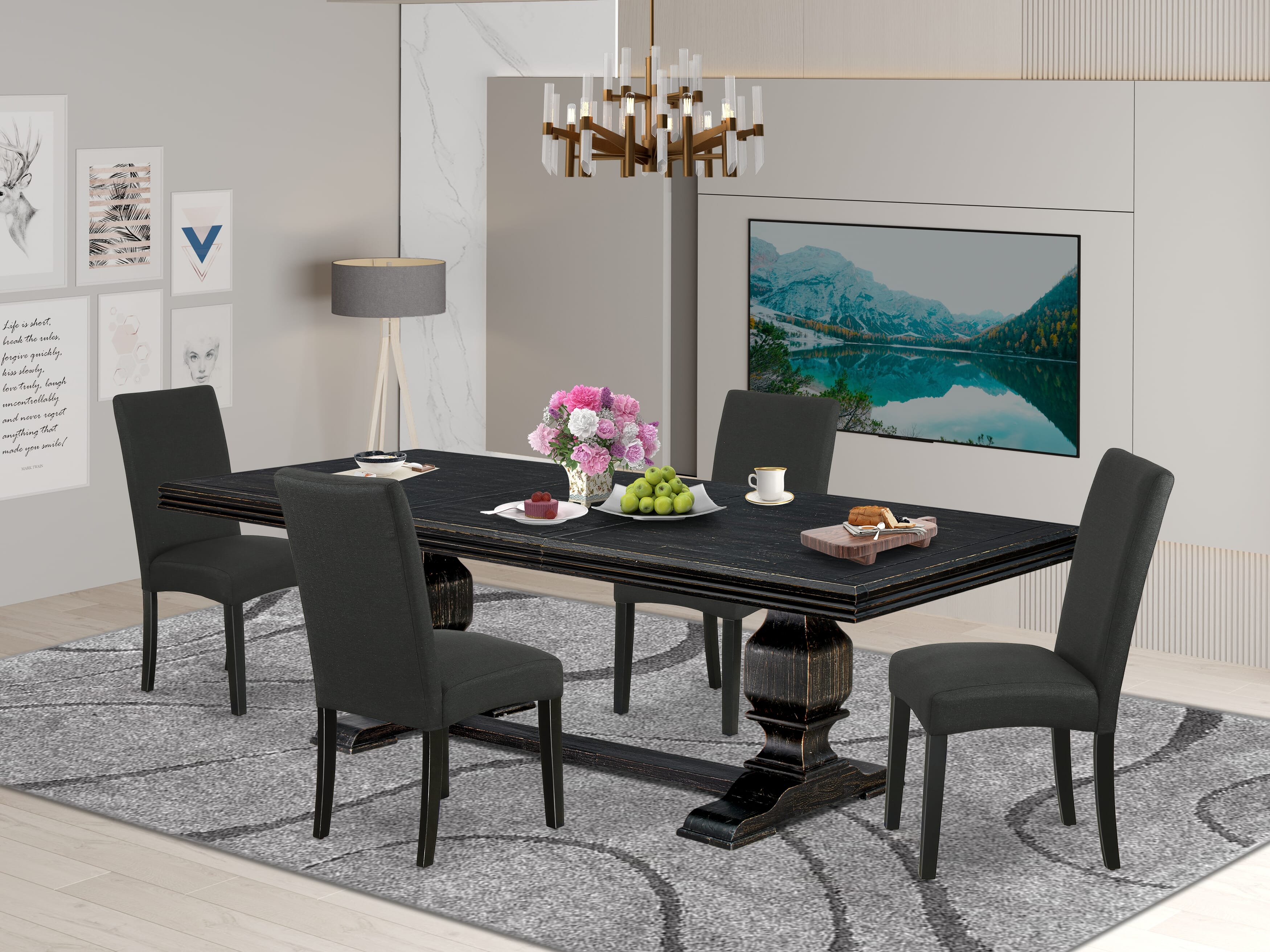 Luxe by East West Furniture NKDR5-SBB-24 - 5-piece dining room set consists of a kitchen table and 4 Black Linen Fabric dining chairs with Padded Chair Back - Sand Blasting Black Finish.