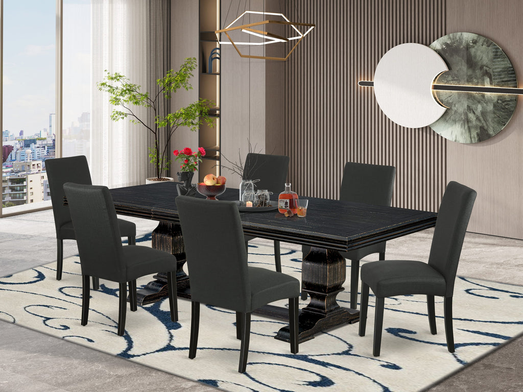 Luxe by East West Furniture NKDR7-SBB-24 - 7-piece kitchen dining set consists of a rectangular table and 6 Black Linen Fabric dining chairs with Padded Chair Back - Sand Blasting Black Finish.