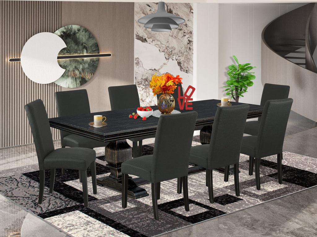Luxe by East West Furniture NKDR9-SBB-24 - 9-piece dining table set consists of a kitchen table and 8 Black Linen Fabric dining chairs with Padded Chair Back - Sand Blasting Black Finish.