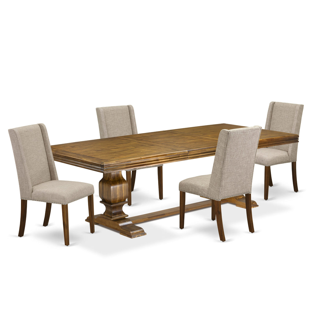 Luxe by East West Furniture NKFL5-AWA-04 - 5-piece dining room set includes a wooden table and 4 Light Tan Linen Fabric modern chairs with Padded Chair Back - Antique Walnut Finish.