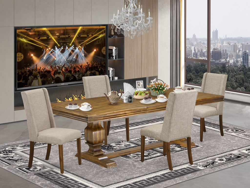 Luxe by East West Furniture NKFL5-AWA-04 - 5-piece dining room set includes a wooden table and 4 Light Tan Linen Fabric modern chairs with Padded Chair Back - Antique Walnut Finish.