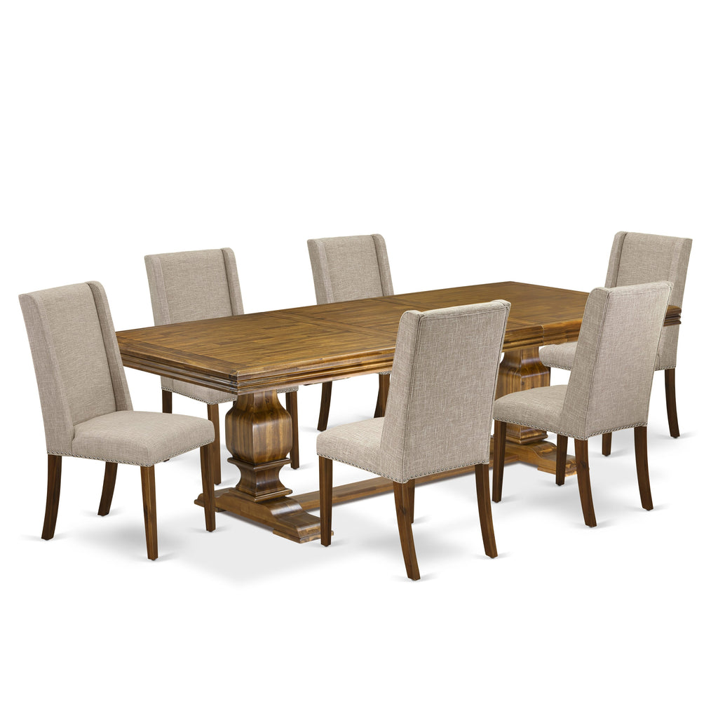 Luxe by East West Furniture NKFL7-AWA-04 - 7-piece dining table set consists of a breakfast table and 6 Light Tan Linen Fabric dining chairs with Padded Chair Back - Antique Walnut Finish.