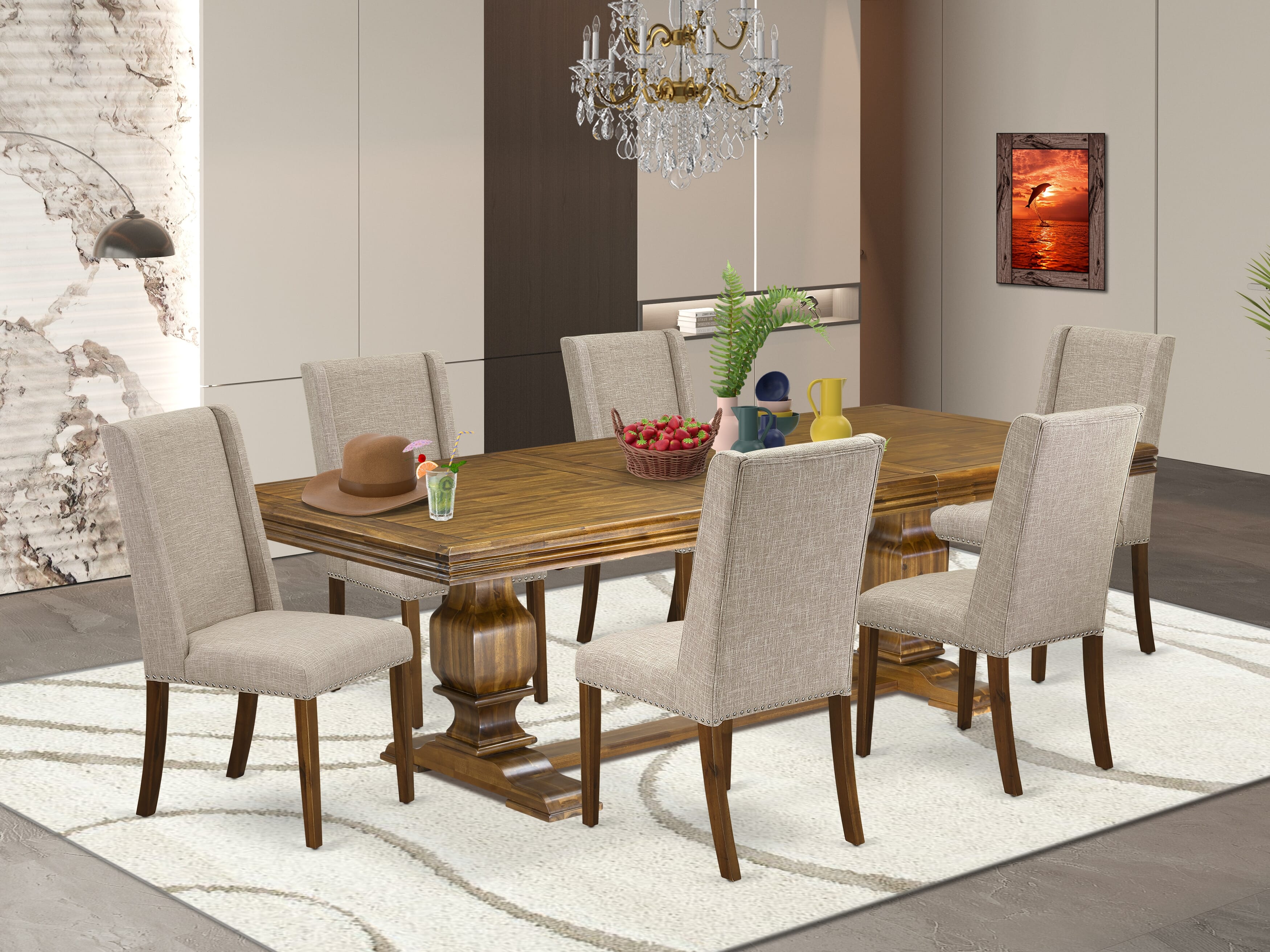Luxe by East West Furniture NKFL7-AWA-04 - 7-piece dining table set consists of a breakfast table and 6 Light Tan Linen Fabric dining chairs with Padded Chair Back - Antique Walnut Finish.