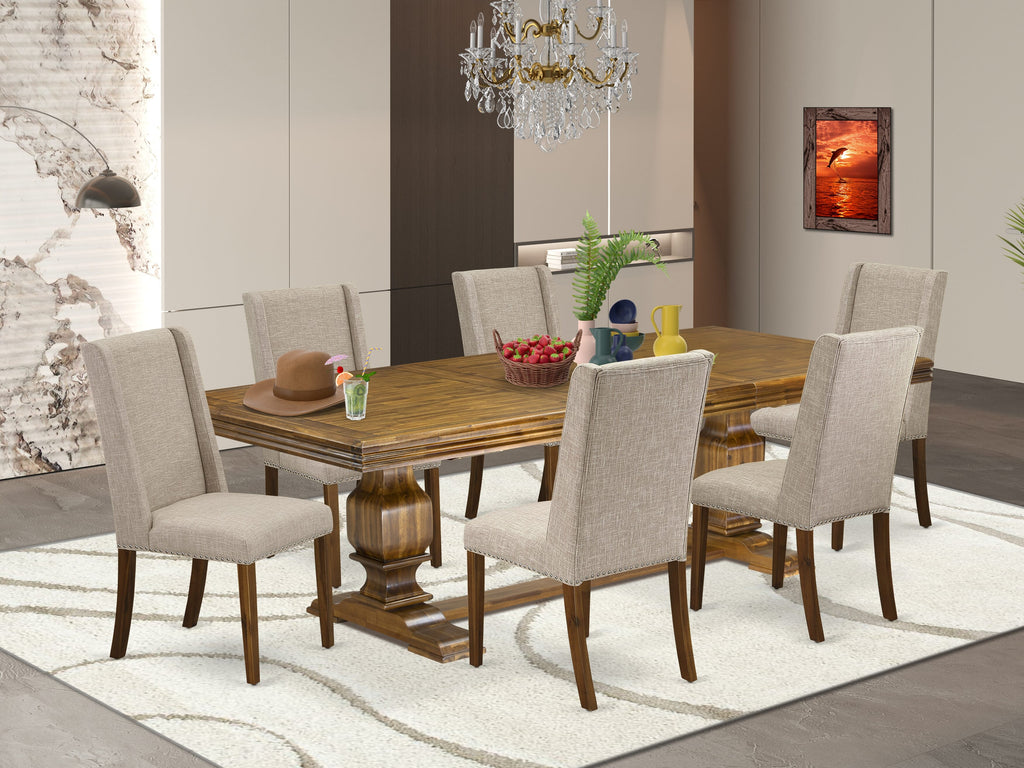 Luxe by East West Furniture NKFL7-AWA-04 - 7-piece dining table set consists of a breakfast table and 6 Light Tan Linen Fabric dining chairs with Padded Chair Back - Antique Walnut Finish.