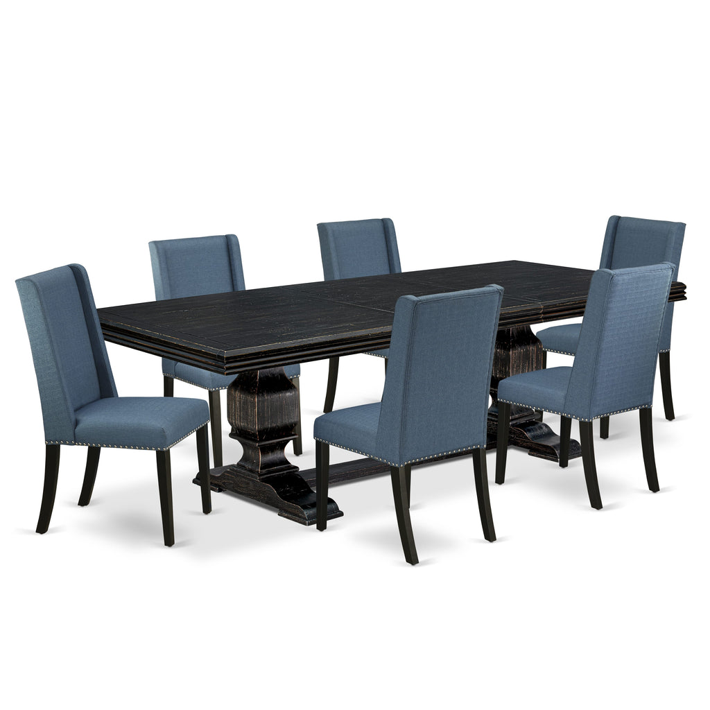 Luxe by East West Furniture NKFL7-SBB-21 - 7-piece dining room set consists of a wooden table and 6 Mineral Blue Linen Fabric dining chairs with Padded Chair Back - Sand Blasting Black Finish.