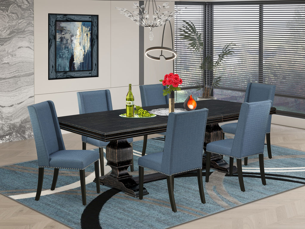 Luxe by East West Furniture NKFL7-SBB-21 - 7-piece dining room set consists of a wooden table and 6 Mineral Blue Linen Fabric dining chairs with Padded Chair Back - Sand Blasting Black Finish.