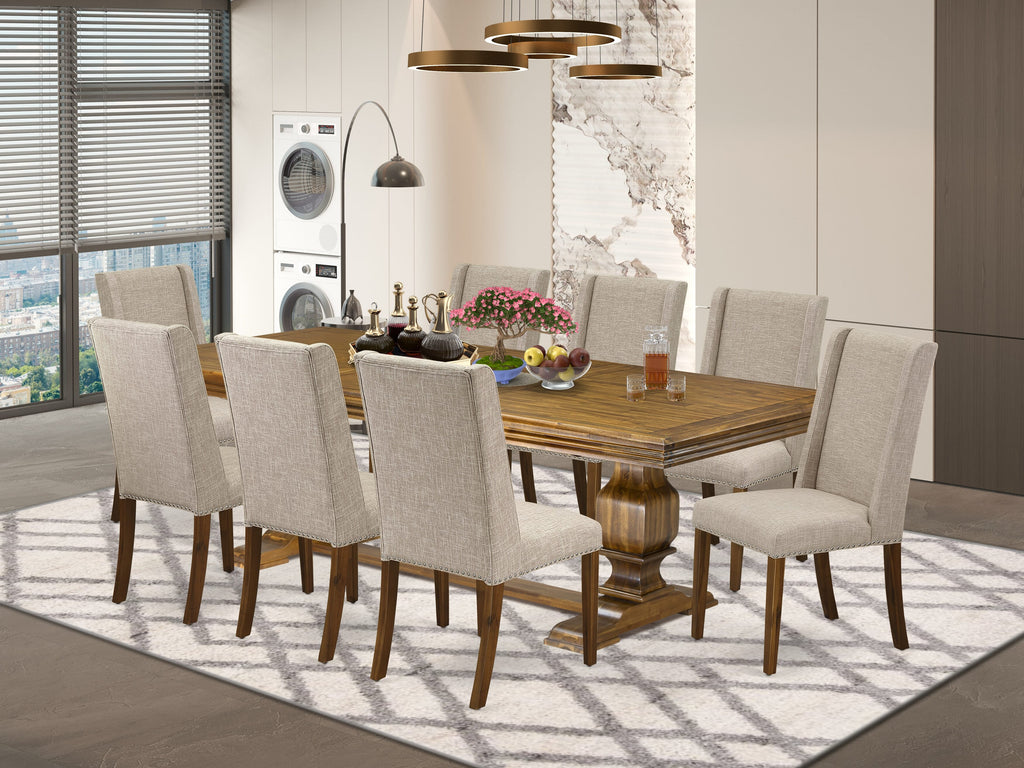 Luxe by East West Furniture NKFL9-AWA-04 - 9-piece kitchen table set includes a kitchen table and 8 Light Tan Linen Fabric dining chairs with Padded Chair Back - Antique Walnut Finish.