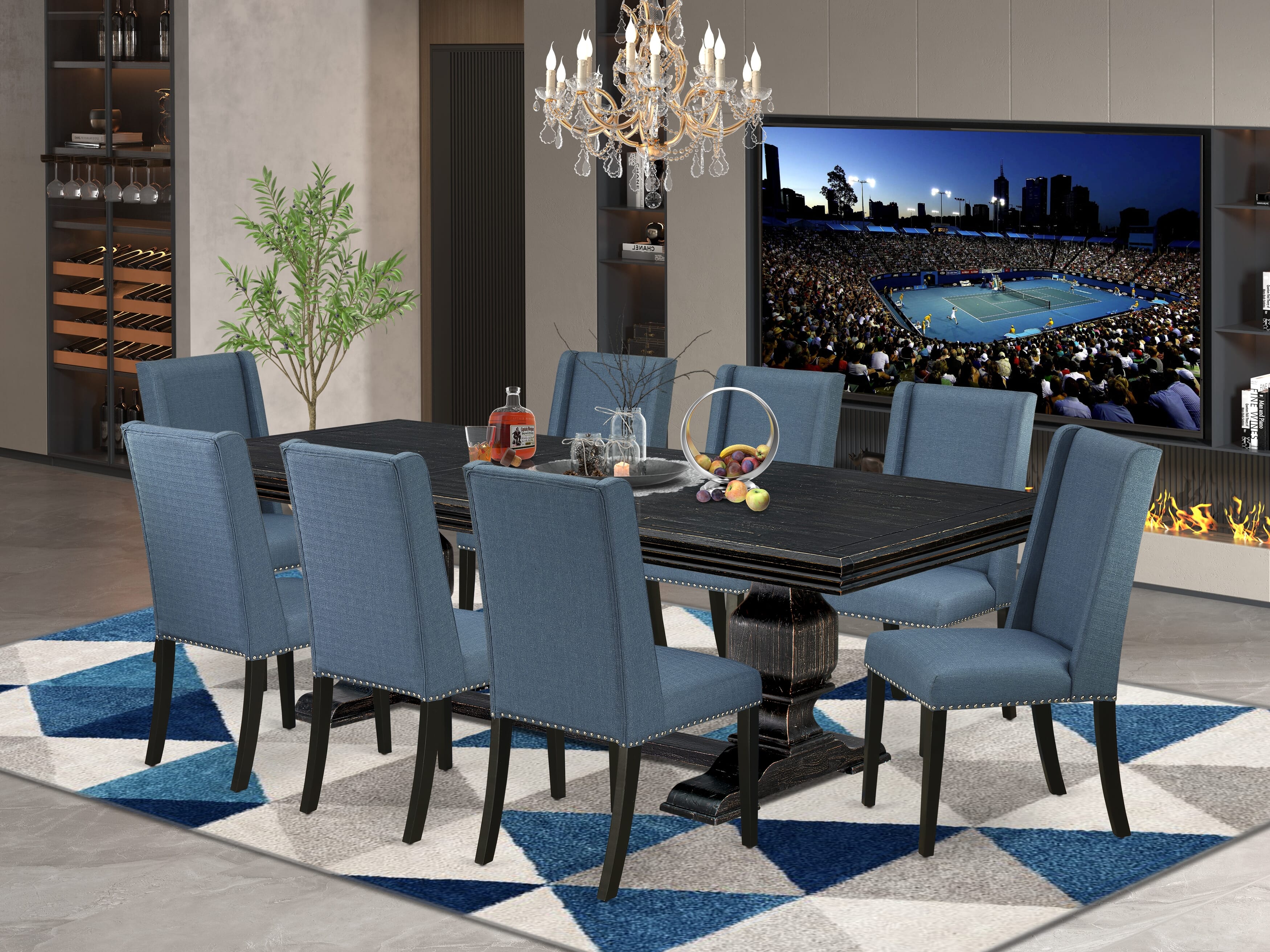 Luxe by East West Furniture NKFL9-SBB-21 - 9-piece kitchen table set consists of a wooden table and 8 Mineral Blue Linen Fabric parson chairs with Padded Chair Back - Sand Blasting Black Finish.