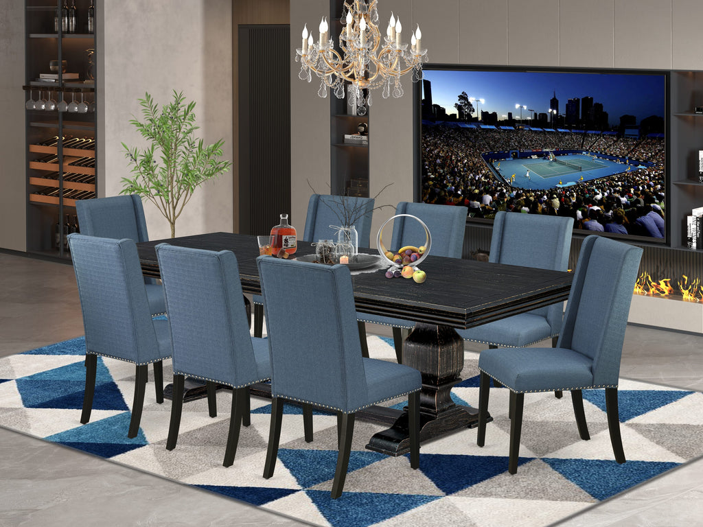 Luxe by East West Furniture NKFL9-SBB-21 - 9-piece kitchen table set consists of a wooden table and 8 Mineral Blue Linen Fabric parson chairs with Padded Chair Back - Sand Blasting Black Finish.