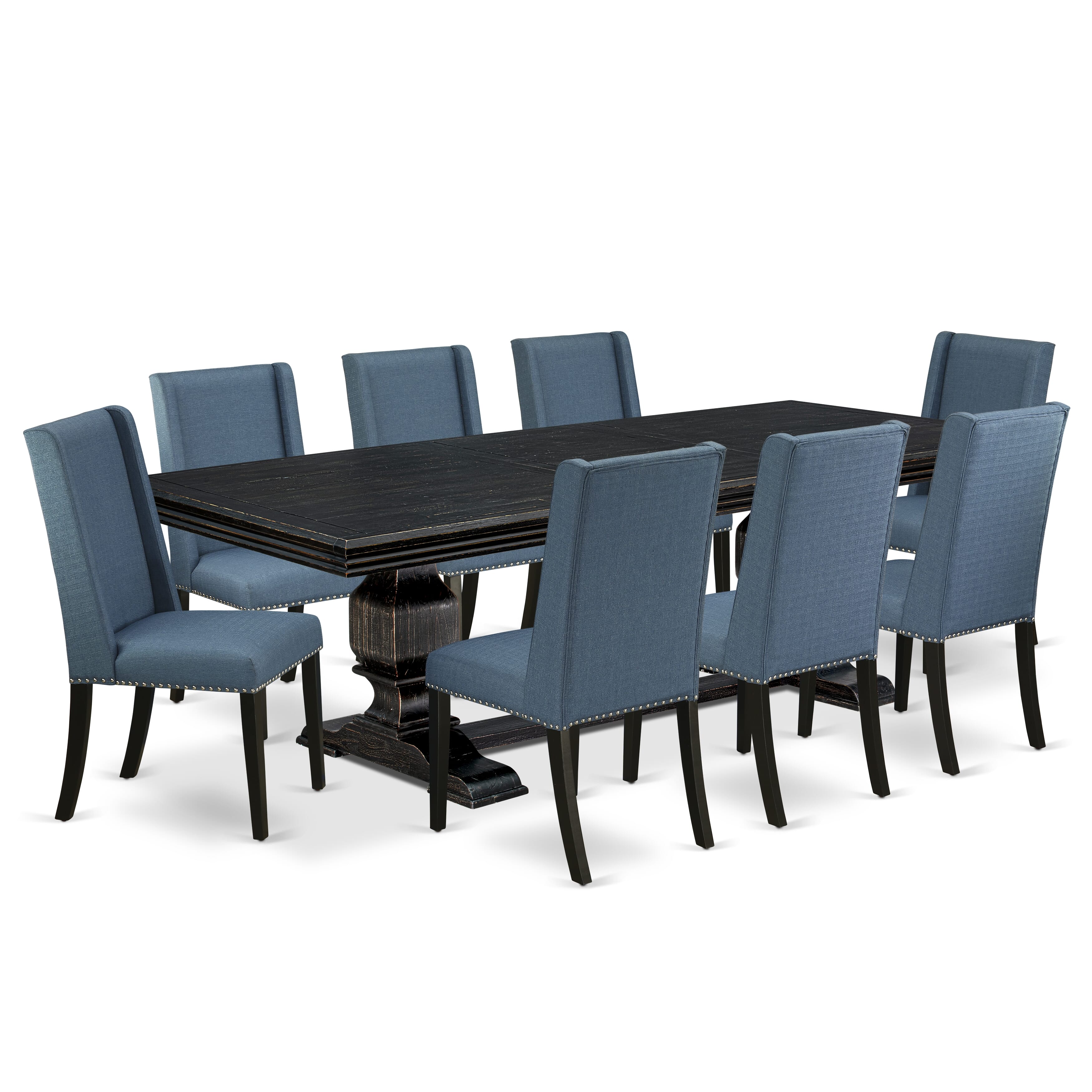 Luxe by East West Furniture NKFL9-SBB-21 - 9-piece kitchen table set consists of a wooden table and 8 Mineral Blue Linen Fabric parson chairs with Padded Chair Back - Sand Blasting Black Finish.