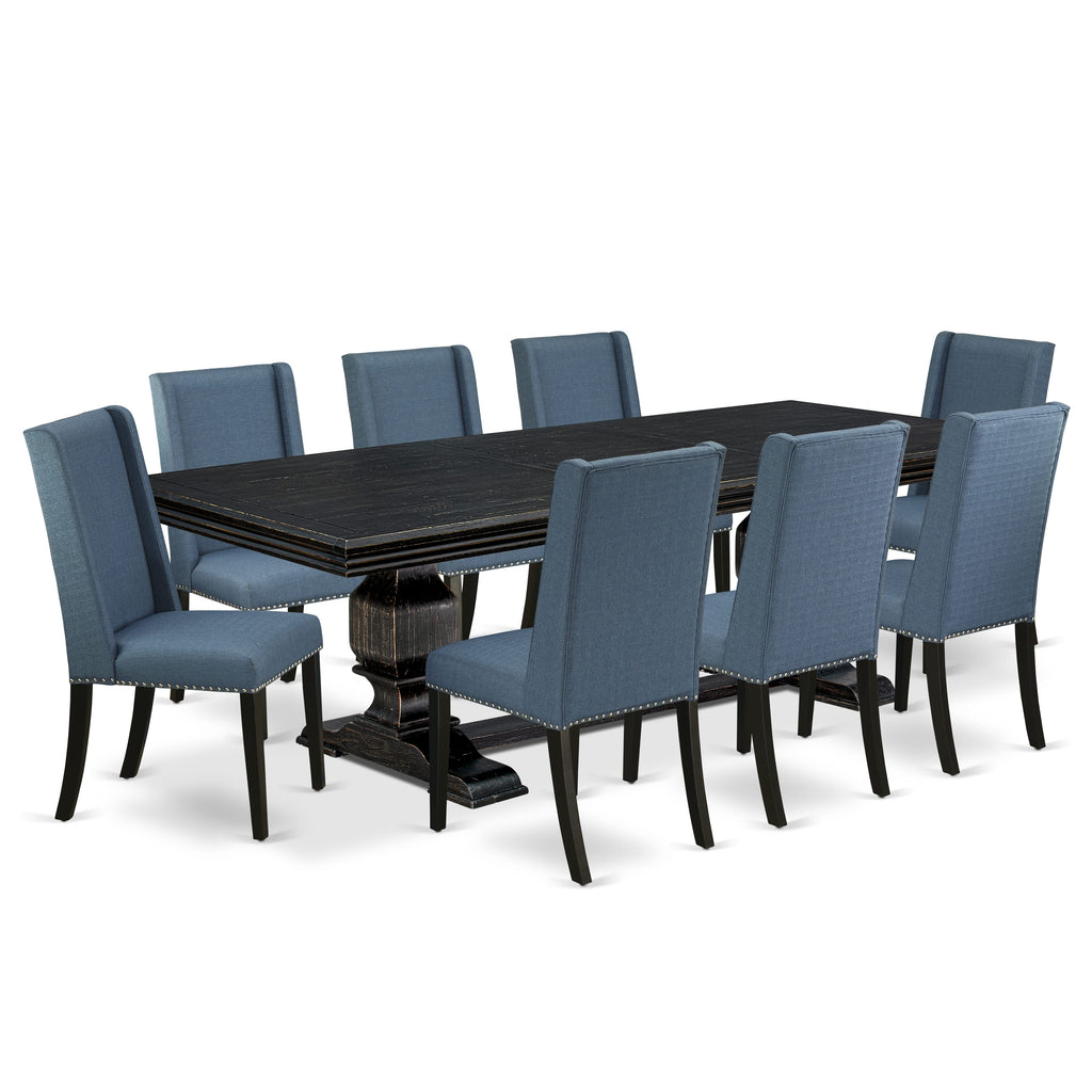 Luxe by East West Furniture NKFL9-SBB-21 - 9-piece kitchen table set consists of a wooden table and 8 Mineral Blue Linen Fabric parson chairs with Padded Chair Back - Sand Blasting Black Finish.