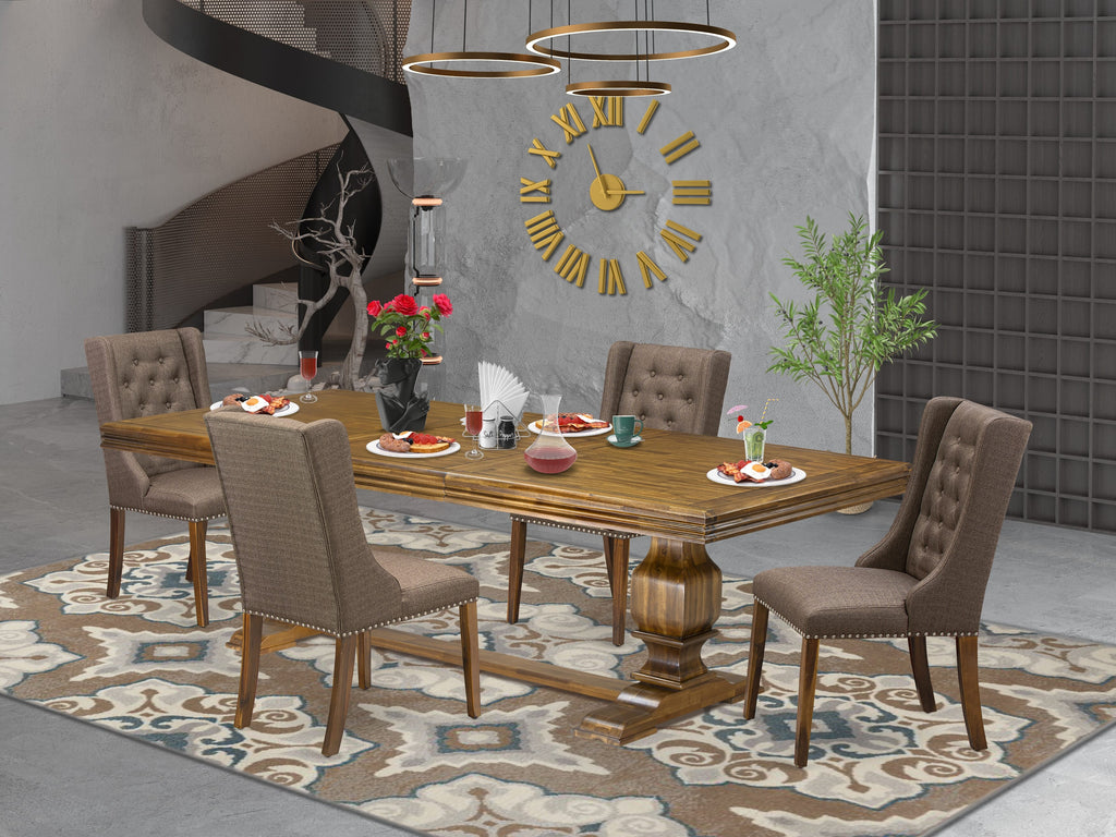 Luxe by East West Furniture NKFO5-AWA-18 - 5-piece dining table set consists of a kitchen table and 4 Brown Linen Fabric modern chairs with Button Tufted Chair Back - Antique Walnut finish.