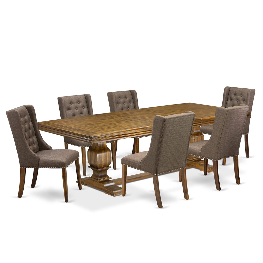 Luxe by East West Furniture NKFO7-AWA-18 - 7-piece dining room set includes a dinner table and 6 Brown Linen Fabric upholstered chairs with Button Tufted Chair Back - Antique Walnut finish.