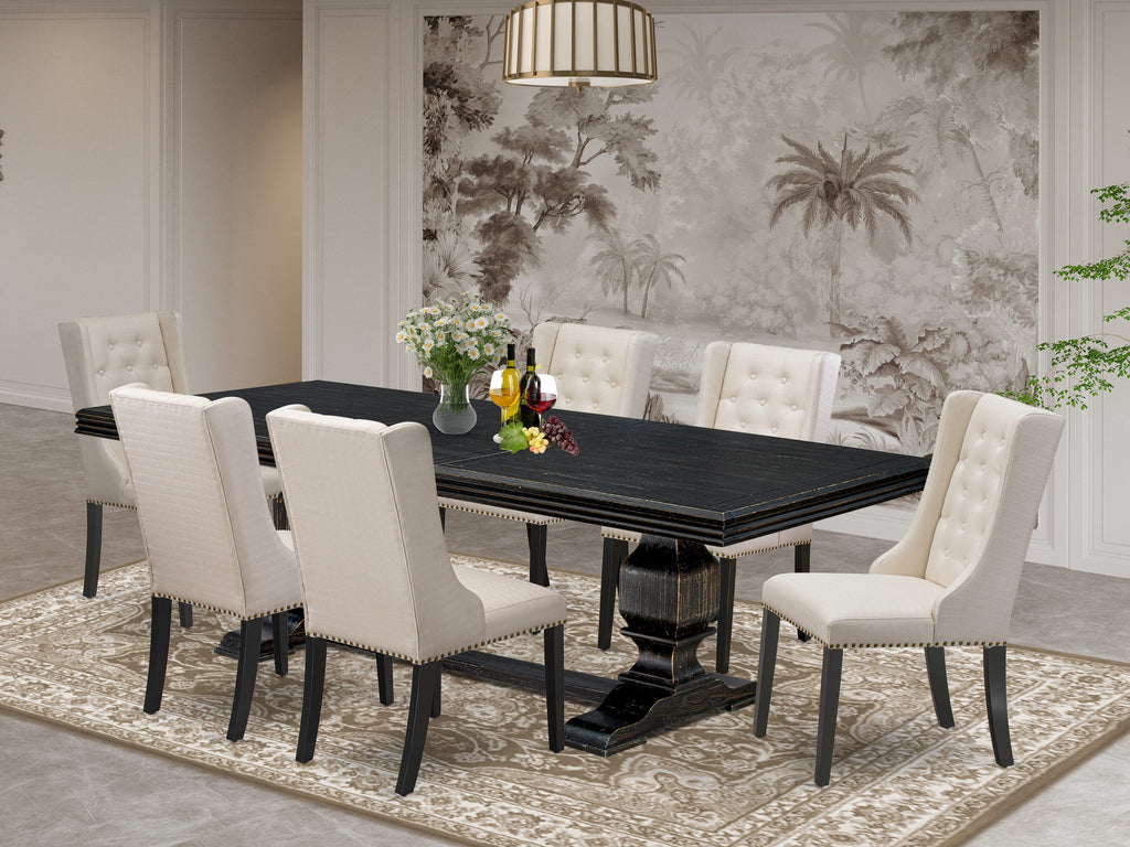 Luxe by East West Furniture NKFO7-SBB-01 - 7-piece dining set consists of a dining table and 6 Cream Linen Fabric kitchen chairs & black legs with Button Tufted Back - Sand Blasting Black finish.