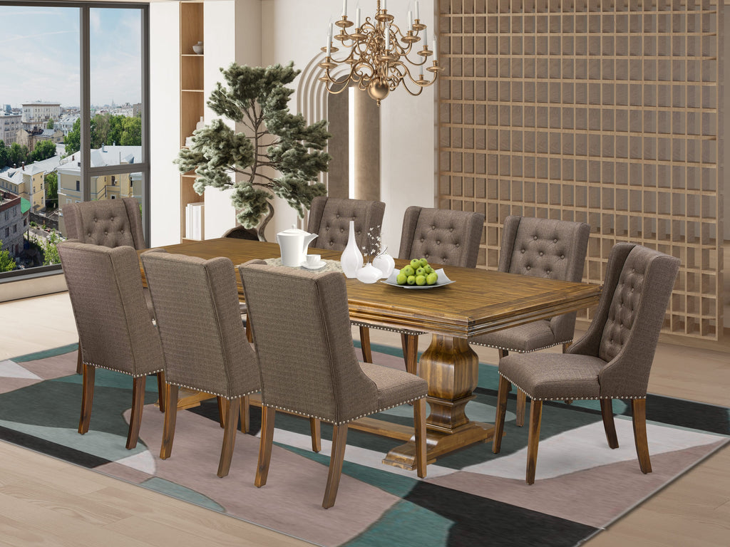 Luxe by East West Furniture NKFO9-AWA-18 - 9-piece kitchen set consists of a dinner table and 8 Brown Linen Fabric kitchen chairs with Button Tufted Chair Back - Antique Walnut finish.