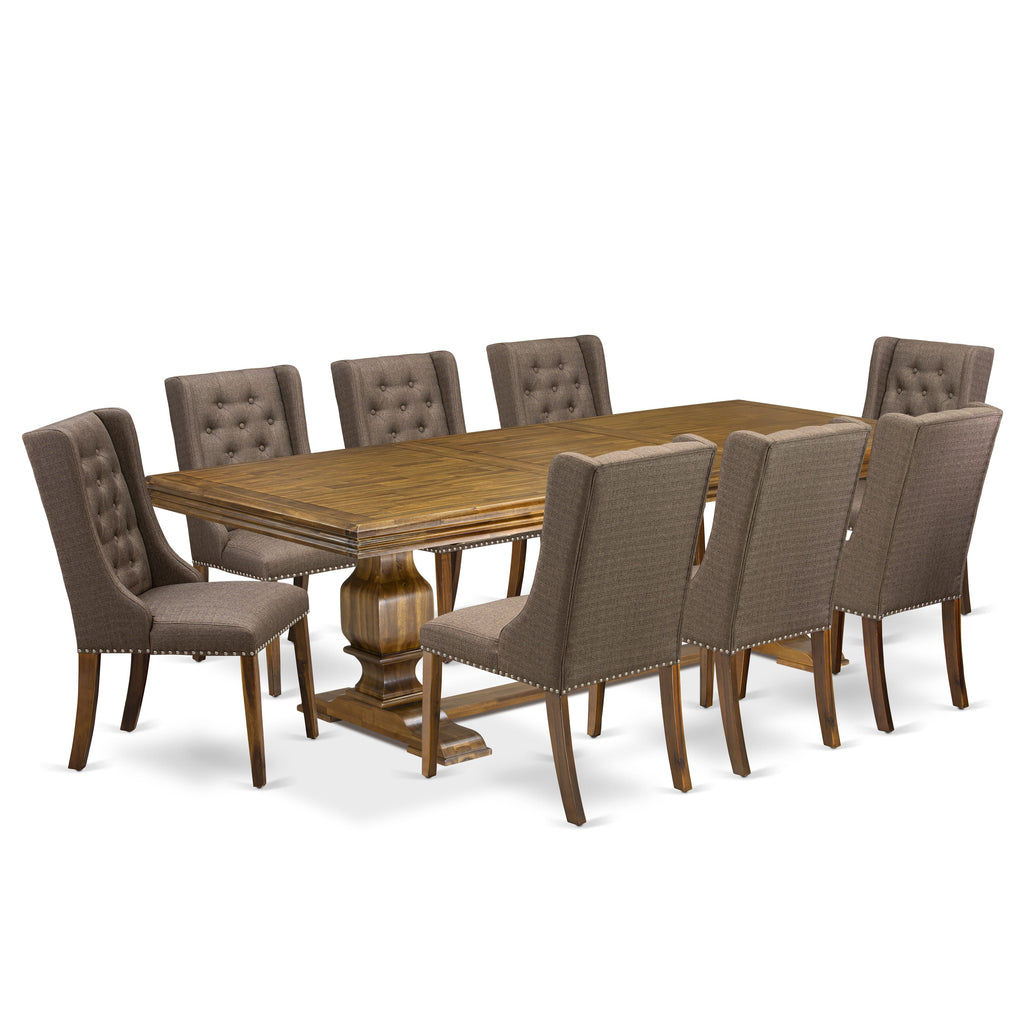 Luxe by East West Furniture NKFO9-AWA-18 - 9-piece kitchen set consists of a dinner table and 8 Brown Linen Fabric kitchen chairs with Button Tufted Chair Back - Antique Walnut finish.