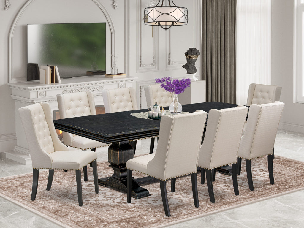 Luxe by East West Furniture NKFO9-SBB-01 - 9-piece dining set includes a dinner table & 8 Cream Linen Fabric dining chairs & black legs with Button Tufted Back - Sand Blasting Black finish.