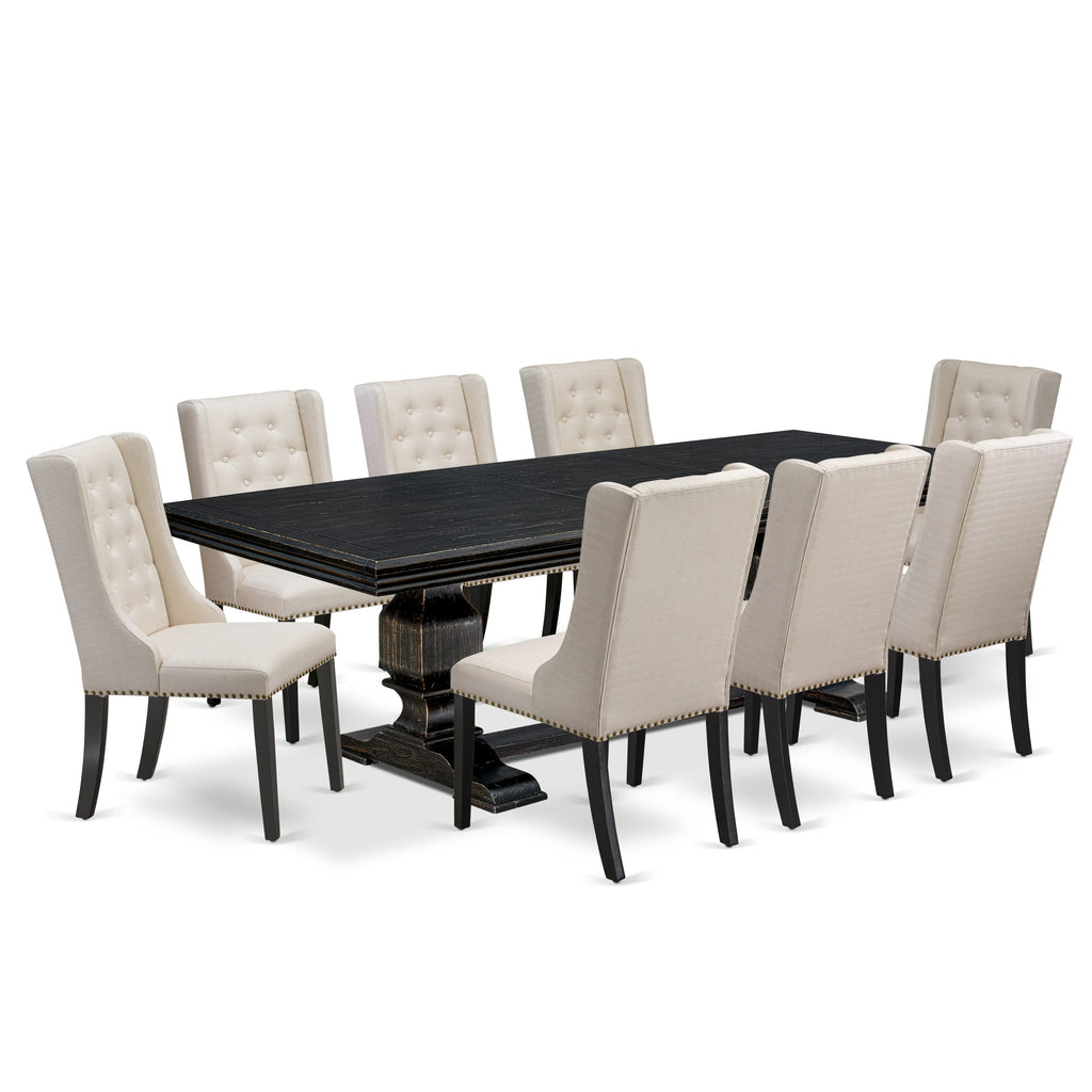 Luxe by East West Furniture NKFO9-SBB-01 - 9-piece dining set includes a dinner table & 8 Cream Linen Fabric dining chairs & black legs with Button Tufted Back - Sand Blasting Black finish.