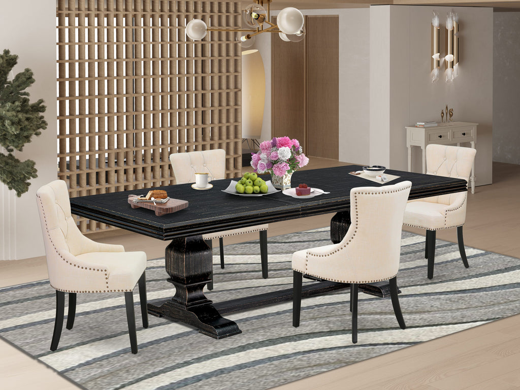 Luxe by East West Furniture NKFR5-SBB-02 - 5-piece kitchen table set consists of a dining table & 4 Light Beige Linen Fabric dining chairs & black legs with Button Tufted Back - Sand Blasting Black finish.