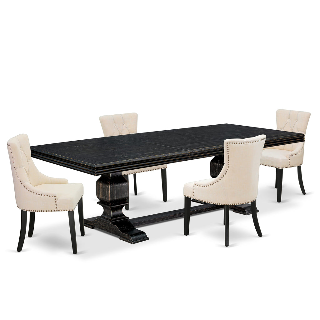 Luxe by East West Furniture NKFR5-SBB-02 - 5-piece kitchen table set consists of a dining table & 4 Light Beige Linen Fabric dining chairs & black legs with Button Tufted Back - Sand Blasting Black finish.