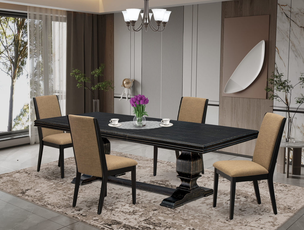 Luxe by East West Furniture NKLA5-SBB-47 5 Pieces Dining Room Set consists of a Rectangular Kitchen Table and 4 Light Sable Linen Fabric Dining Room Chairs with Black legs - Sand Blasting Black finish