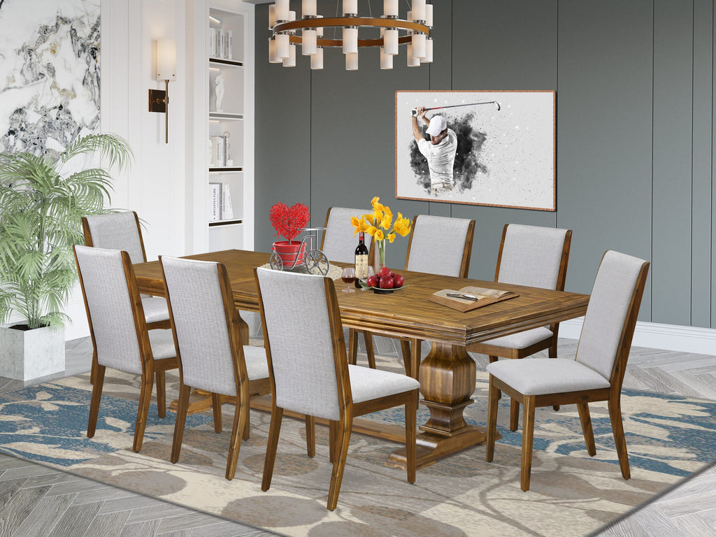 Luxe by East West Furniture NKLA9-AWA-05 9 Pieces Dining table set consists of a Rectangular Kitchen Table and 8 Grey Linen Fabric Dining Room Chairs, Antique Walnut finish
