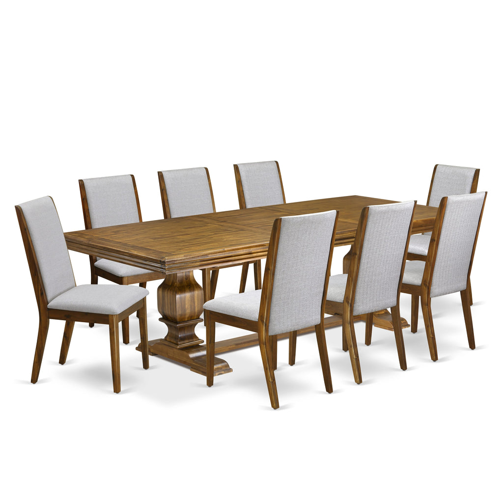 Luxe by East West Furniture NKLA9-AWA-05 9 Pieces Dining table set consists of a Rectangular Kitchen Table and 8 Grey Linen Fabric Dining Room Chairs, Antique Walnut finish