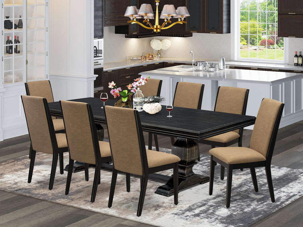Luxe by East West Furniture NKLA9-SBB-47 9 Pieces Dining set consists of a Rectangular Kitchen Table and 8 Light Sable Linen Fabric Dining Chairs with Black legs - Sand Blasting Black finish