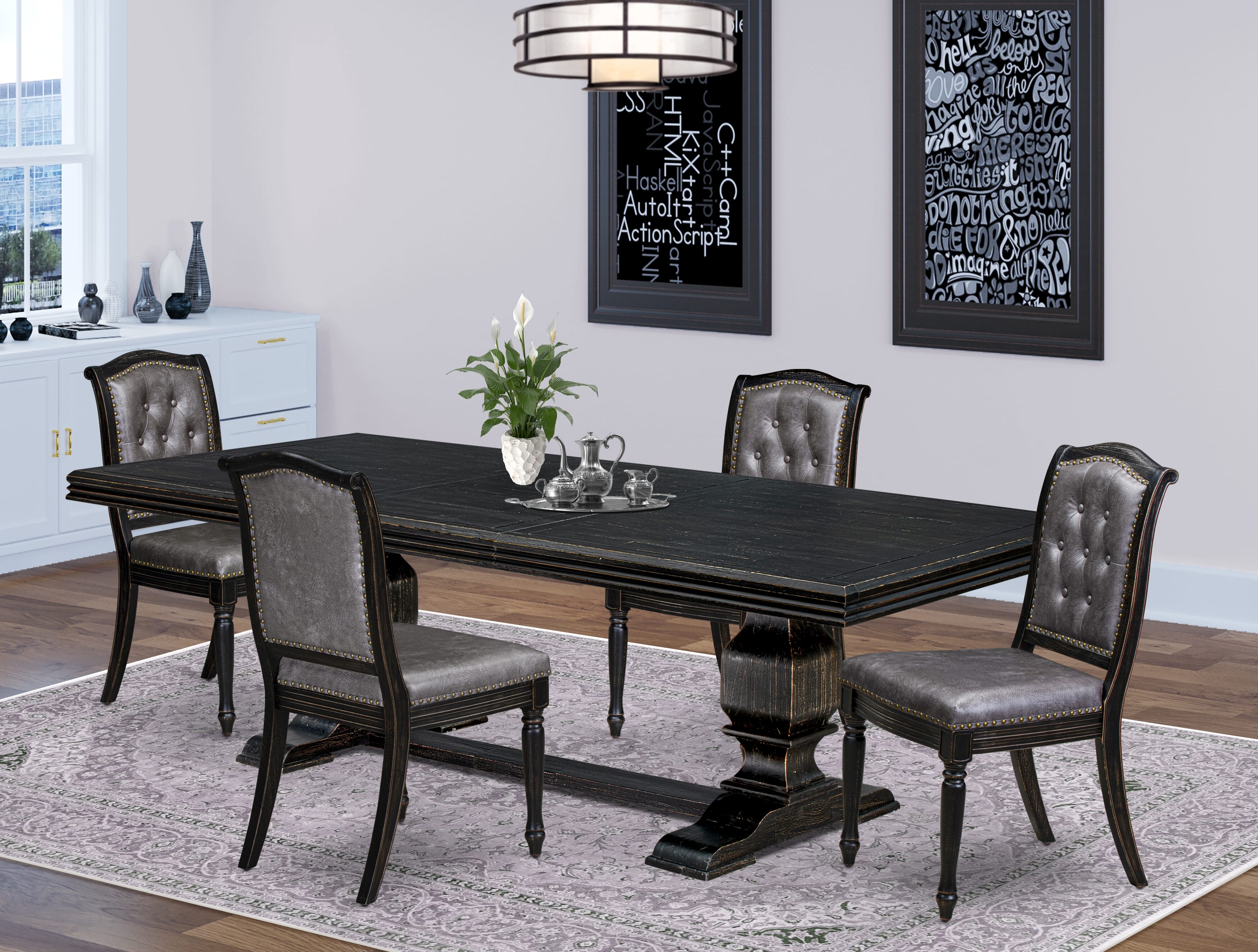 Luxe by East West Furniture - NKMA5-SBB-34 - 5-piece Dining Table Set consists of a Wooden Table and 4 Dark Grey PU Leather Dinning Chairs with Button Tufted Back - Sand Blasting Black Finish