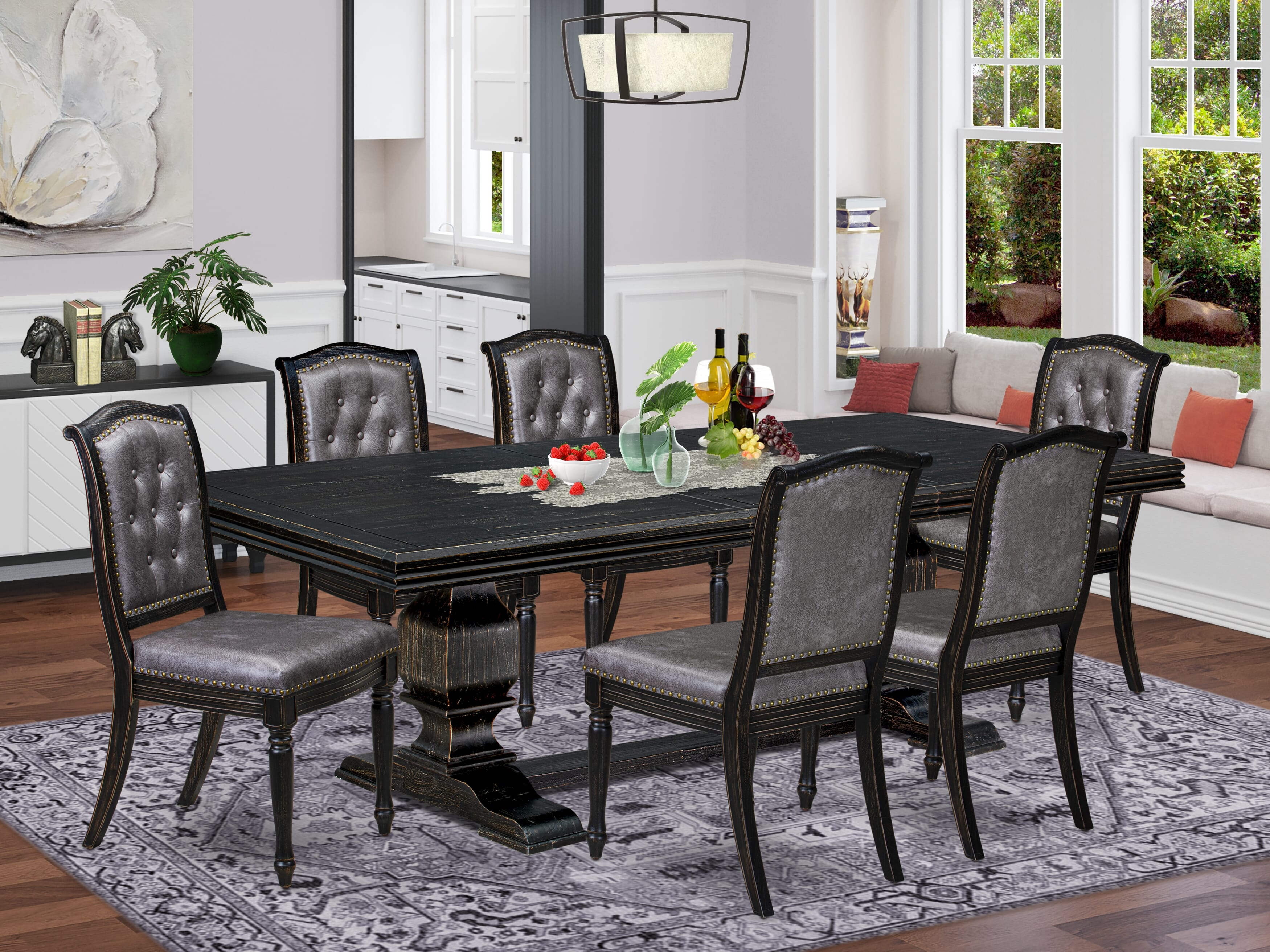 Luxe by East West Furniture - NKMA7-SBB-34 - 7-piece Mid Century Dining Table Set consists of a Dining Table and 6 Dark Grey PU Leather Chairs with Button Tufted Back - Sand Blasting Black Finish