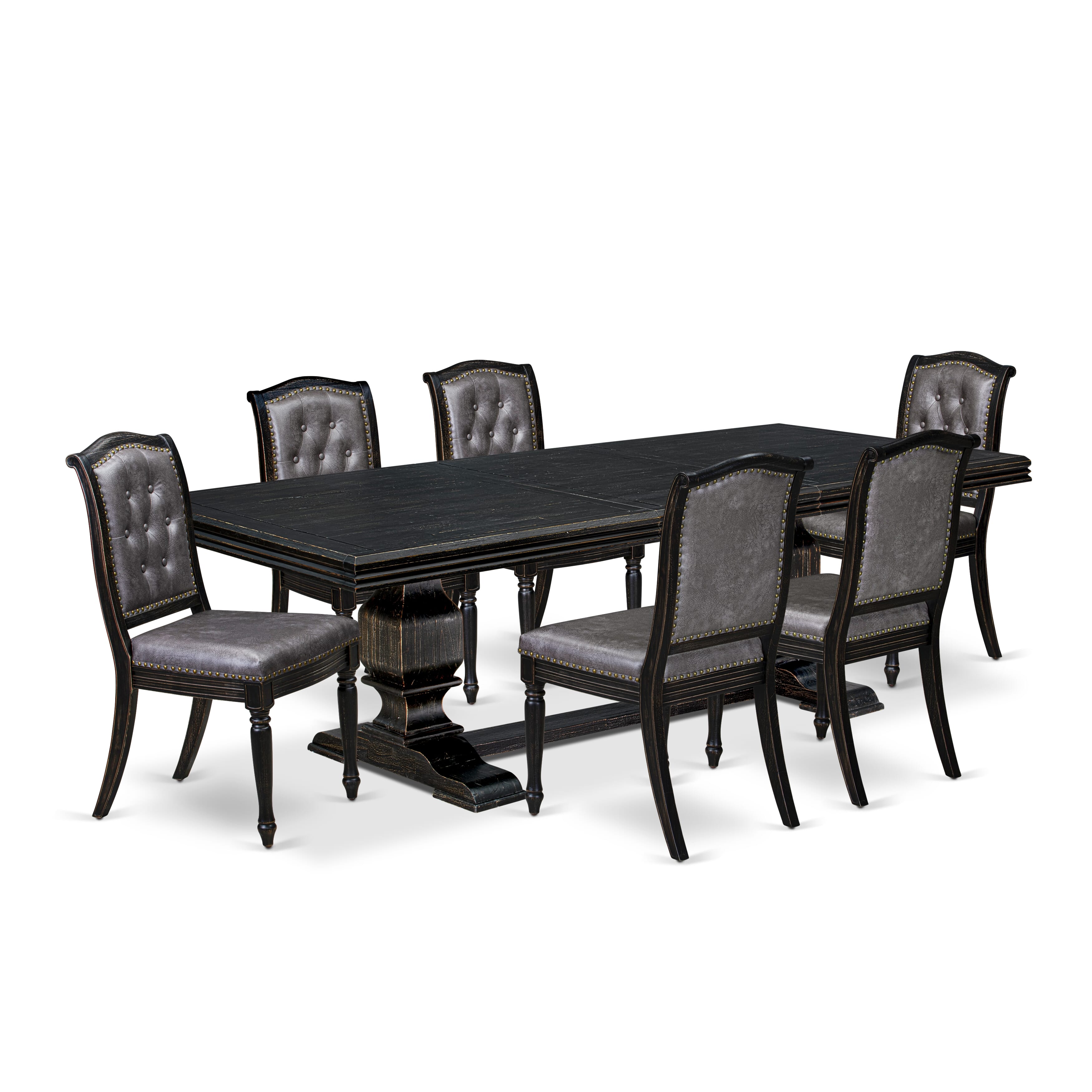 Luxe by East West Furniture - NKMA7-SBB-34 - 7-piece Mid Century Dining Table Set consists of a Dining Table and 6 Dark Grey PU Leather Chairs with Button Tufted Back - Sand Blasting Black Finish