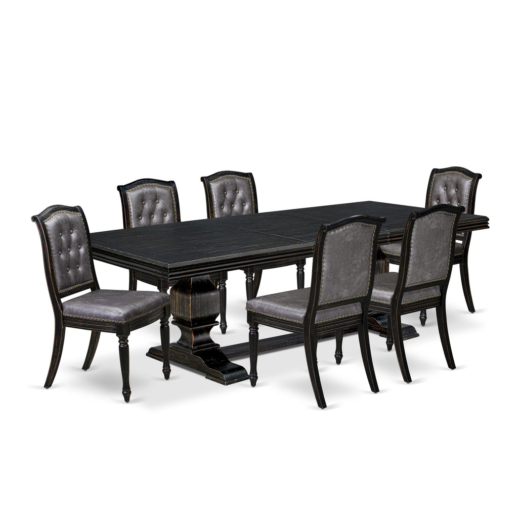 Luxe by East West Furniture - NKMA7-SBB-34 - 7-piece Mid Century Dining Table Set consists of a Dining Table and 6 Dark Grey PU Leather Chairs with Button Tufted Back - Sand Blasting Black Finish